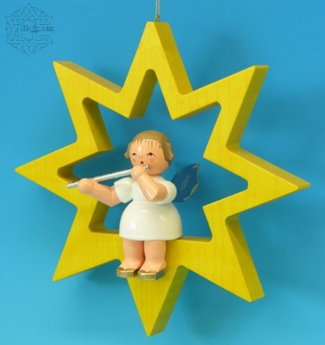 Unbekannt Engel sitzend groß mit Querflöte, Blaue Flügel - 197/178/15B