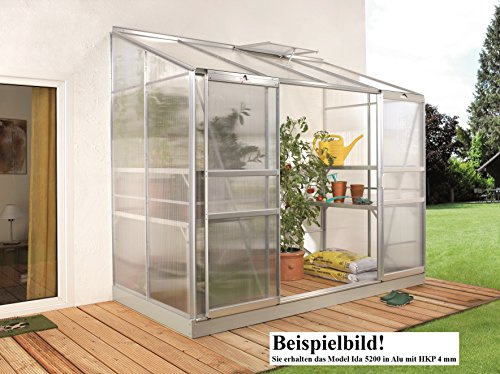 Gartenwelt Riegelsberger Anlehngewächshaus Ida - Ausführung: 5200 HKP 4 mm Alu, Fläche: ca. 5,2 m², mit 1 Dachfenster, Sockelmaß: 1,90 x 2,54 m