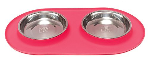 Messy Cats Double Silicone Feeder with Stainless Saucer Shaped Bowl | Anti-Slip Non-Skid Cat Food Bowls | Two Cat Bowls in Feeding/Water Station | 1.75 Cups per Bowl (Watermelon)
