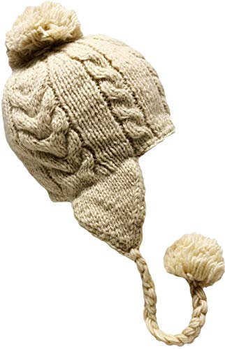 Nepal Handgestrickte Sherpa-Mütze mit Ohrenklappen, Trapper-Skimütze aus schwerer Wolle mit Fleecefutter, Beige mit Zopfmuster