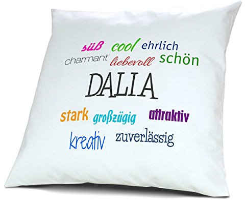 digital print Kopfkissen mit Namen Dalia - Motiv Positive Eigenschaften, 40 cm, 100% Baumwolle, Kuschelkissen, Liebeskissen, Namenskissen, Geschenkidee, Deko