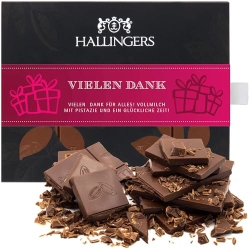 Hallingers Genuss Manufaktur Schokolade Weihnachts-Geschenk - Tafel handgeschöpften Edelkakaos ohne Alkohol edler Karton Vielen Dank Pistazie-Amaretto, Weihnachten für Frauen Männer