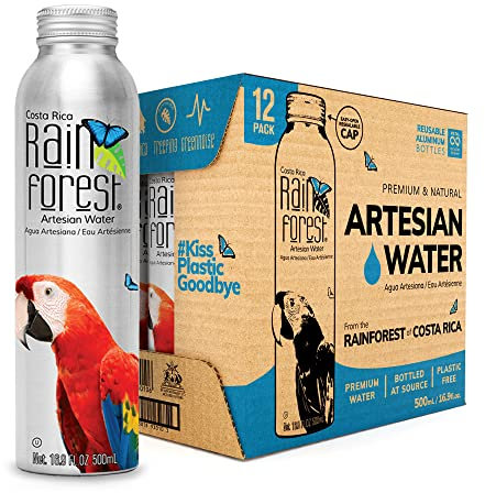RainForest Artesian Water from Costa Rica. Aluminium Reusable Bottle 16.9 oz / 500 mL. (12 Pack)