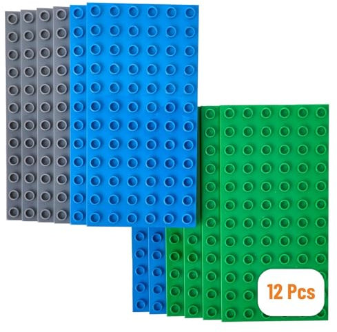 Strictly Briks Premium Big Briks Blue Age 3+, Gray, and Green 7.5 x 3.75 Baseplate Set - 12 Pack - Compatible with All Major Large Size Brands – Large Pegs Only
