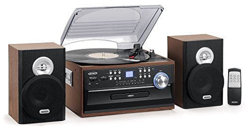 Jensen 3-Speed Turntable Music System Limited Edition JTA475W LCD Display with Front Loading CD Player , AM/FM Stereo Radio, Cassette Player ,Aux input, Headphone Jack & Wooden Speakers