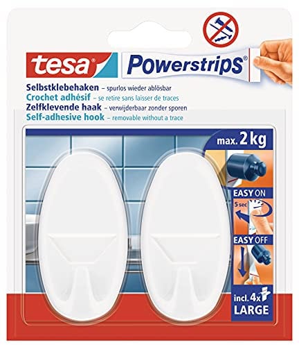 tesa Powerstrips Haken Large OVAL - Selbstklebender Wandhaken für Glas, Kacheln, Holz, Kunststoff und andere Untergründe - Weiß