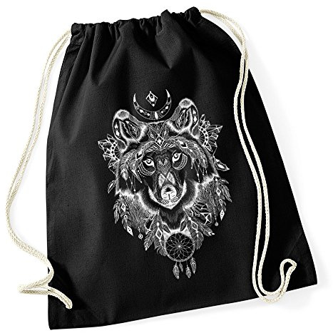 Autiga Turnbeutel Wolf Aztekenmuster Boho Aztec Bohemian Hipster Animal Ethno Beutel Tasche Schwarz
