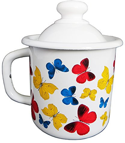 Emaille Tasse Becher mit Deckel 1 Liter ca 12cm Durchmesser/Retro Nostalgie Geschirr