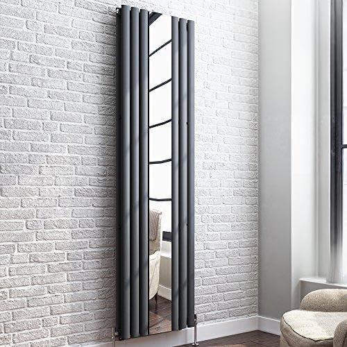 iBathUK Strata Wall-Mounted Vertical Double Oval Panel Mirrored Radiator, Steel High Thermal Output Hydronic Central Heating, Mirror Centred Column Designer Radiator in Matt Anthracite, 1800 × 508mm