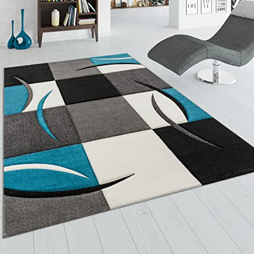 Paco Home Designer Teppich mit Konturenschnitt Karo Muster Türkis Grau, Grösse:200x290 cm