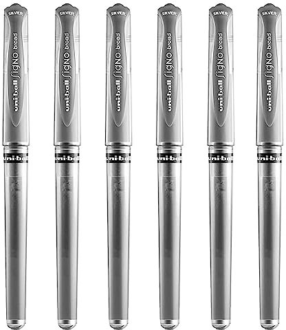 Uni Ball Silver Signo UM-153 Gel-Tintenroller, Metall, 1 mm Spitze, 0,65 mm Strichbreite mit Gummigriff, 6 Stück
