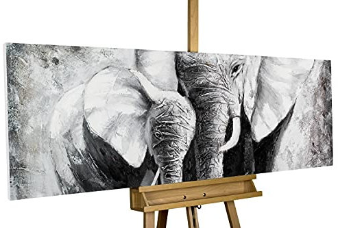 KunstLoft Leinwandbild | 100% HANDGEMALT | 150x50cm | Gemälde 'Sweet Savannah Memories' | Elefant | Grau | Wandbild Wohnzimmer