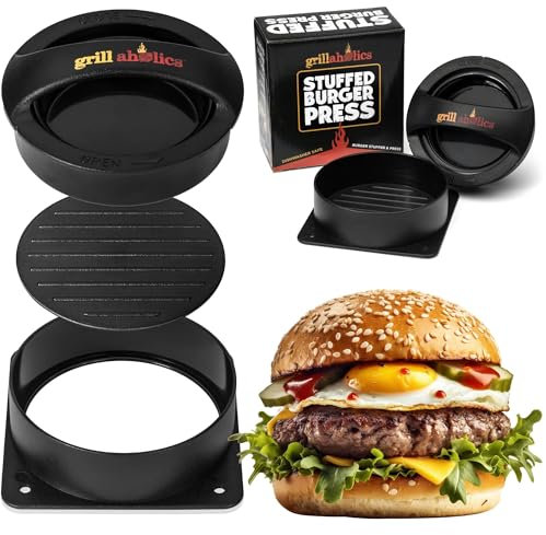 Grillaholics Stuffed Burger Press and Recipe eBook - Hamburger Patty Maker for Grilling - BBQ Grill Accessories
