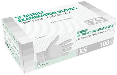 SF Nitrilhandschuhe XS Weiß – 100 Stück Einweghandschuhe, Einmalhandschuhe, Medizinische handschuhe, Puderfrei, Latexfrei, Handschuhe einweg zum Kochen, Putzen, für Medizin, Küche, Kosmetik, Haushalt