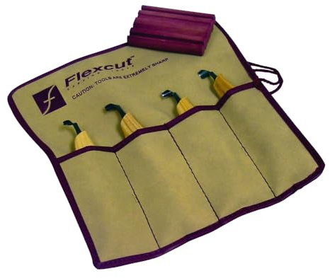 Flexcut Wood Carving Tools | Left-Handed Scorp Set of 4 Scorp Gouges | Includes Tool Roll and Strop | 1095 High Carbon Steel Blades | Ash Hardwood Handles | KNL150 | Made in the U.S.A.