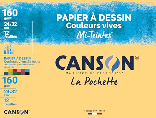 Canson - 526016 - Pochette de 12 feuilles papier dessin - 160 g - 24 x 32 cm - Assortis vifs