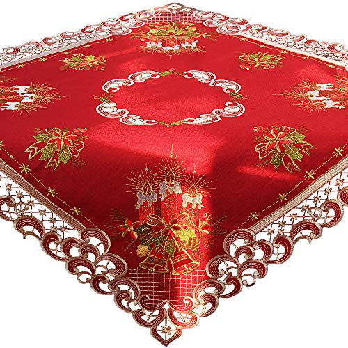 Weihnachten Tischdecke Tischläufer Dunkelrot Leinenoptik Rot Kerzen Stickerei (ca. 85x85 cm Eckig)