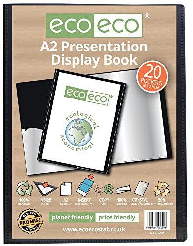 eco-eco A2 Size 50% Recycled 20 Pocket Black Presentation Display Book, Storage Case Portfolio Art Folder with Plastic Sleeves,eco007