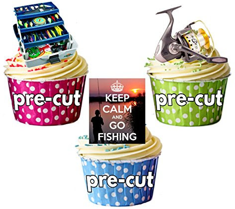 AK Giftshop PRE-CUT Keep Calm Fishing Tackle Box Mix - Edible Cupcake Toppers/Cake Decorations (Pack of 12)