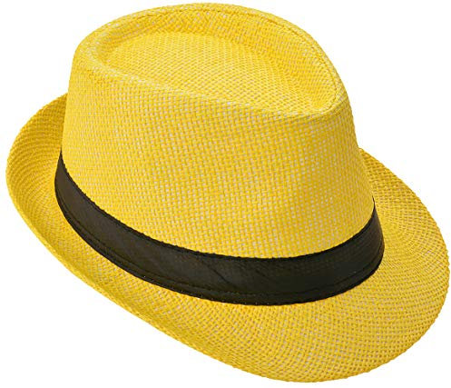 Chapeau de paille Panama Fedora Trilby Gangster Chapeau de soleil avec ruban en tissu street style - Jaune - Large