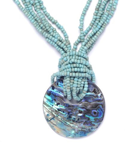 81stgeneration Collier Multirangs en Perles de Rocaille Turquoise avec Pendentif Rond en Coquillage D'Ormeau | Grand Pendentif Disque Bleu pour Femme