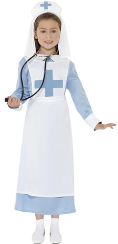 Smiffys WW1 Nurse Costume, Blue Dress, Mock Apron and Headpiece, Girls Fancy Dress, Child Dress Up Costumes