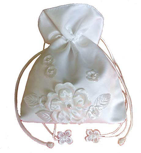LadyMYP© Brautbeutel, Brauthandtasche mit Blüten aus Perlen & Satin, Hochzeit, Kommunion, weiß/ivory(hellcreme, Elfenbein)