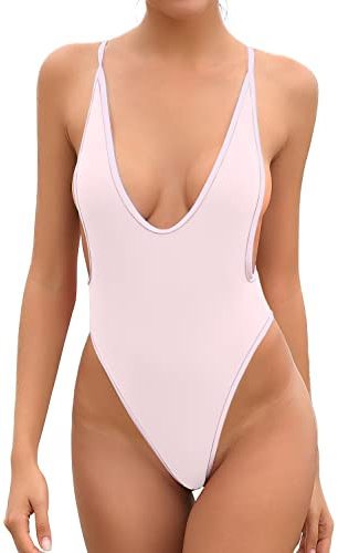 SHEKINI Costume da Bagno Donna Intero Profondo Scollo a V Backless High Cut Perizoma Monokini Un Pezzo Brasiliana Spiaggia Beachwear(S, Rosa)