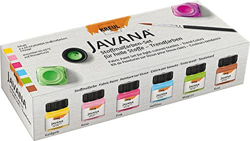 KREUL 90599 - Javana Stoffmalfarbe für helle Stoffe, Trendfarbenset, 6 x 20 ml Farbe und ein Pinsel, brillante Farbe mit cremigem Charakter, nach Fixierung waschbeständig