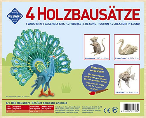 Pebaro 852 Holzbausatz Haustiere-Set, 4 Stück 3D Puzzles Tiere: Pfau, Maus, Schwan, Fisch, Basteln mit Holz, Holzpuzzle, vorgestanzte Holzplatten, ausbrechen, zusammenstecken, fertig, Geschenkidee