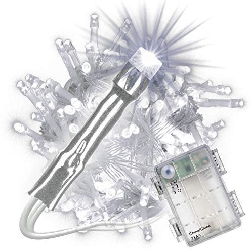 Nipach GmbH 100 LED Lichterkette weiß mit Timer für Innen Aussen transparentes Kabel Batterie 10 Meter Weihnachtsdeko Partydeko Partylichter Xmas