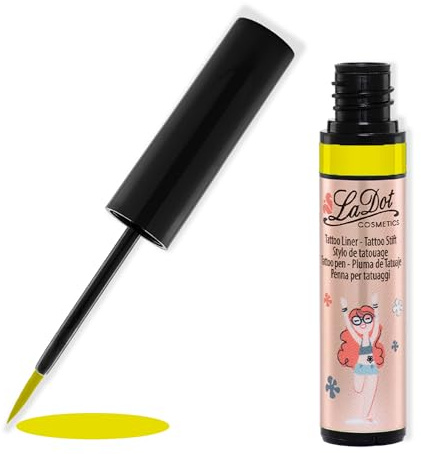 LaDot Wasserfester Tattoo Liner 4ml gelb. Für temporäre Tattoos zum Selbstgestalten, Ausmalen und Verzieren. Vegan, tierversuchsfrei und hypoallergen. Wasserfest, hält mehrere Tage.