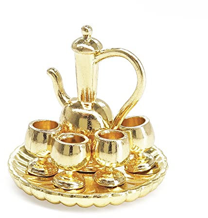 Odoria Miniature 1/12 Théière en Métal avec 6 Tasses Accessoire Maison de Poupée, Or