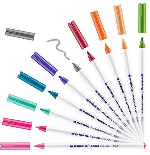 edding 4600 Textilstift - 10 Farben im Set (Fun) - Rundspitze 1 mm - Textilstifte waschmaschinenfest (60 °C) zum Stoff bemalen - Stoffmalstift