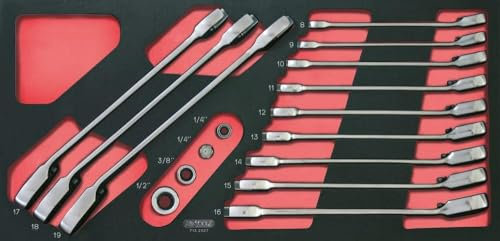 KS TOOLS - 713.2027 - Module 12 clés mixtes à cliquet réversible GEARplus adaptateurs 1/4-3/8-1/2, 16 pièces - 8-19 mm - Mousse pour tiroir servantes et établi - Outillage professionnel de qualité