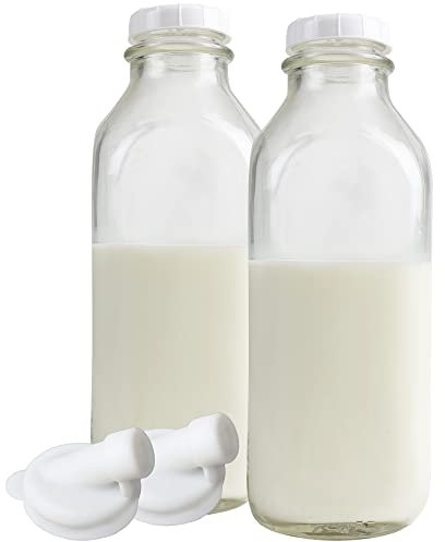 The Dairy Shoppe 1 Ltr. (33.8 oz.) Glass Milk Bottle Vintage Style with Cap & NEW Silicone Pour Spouts! (2 Pack)
