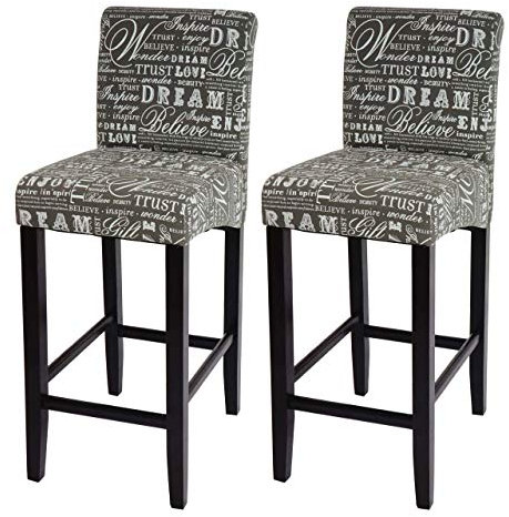 Mendler 2er-Set Barhocker HWC-C33, Barstuhl Tresenhocker, Holz - Schriftzug, grau, dunkle Beine, Stoff/Textil