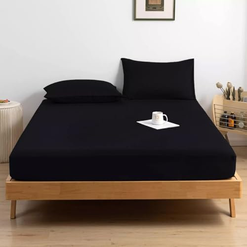 Rohi® Percale Cotton Blend King Size Fitted Sheets - 16/40 Cm Extra Deep Fitted Sheet with Two Free Pillowcases – Shrinkage and Fade Resistant bed sheets (King, Black)