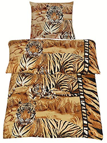 4tlg Microfaser Bettwäsche Set Tiger in Braun Sand Creme Beige 2X Bettbezug 135x200cm 2X Kopfkissenbezug 80x80cm Raubkatze