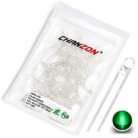 Chanzon 100 pcs 3mm Green LED Diode Lights (Clear Round Transparent DC 3V 20mA) Bright Lighting Bulb Lamps Electronics Components Light Emitting Diodes