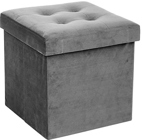 Atmosphera - Pouf Coffre Pliant Lysandre - Gris Velours, 38 x 38 cm, Assise Capitonné - pour Salon, Chambre