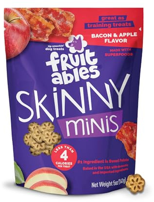 Fruitables Skinny Mini Dog Treats, Healthy Sweet Potato Treat for Dogs, Low Calorie & Delicious, Puppy Training, No Wheat, Corn or Soy, Made in the USA, Bacon and Apple Flavor, 5oz