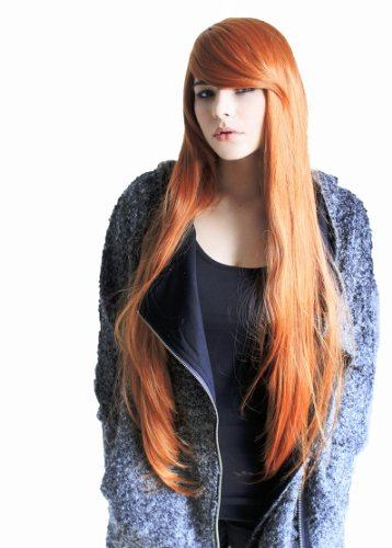 Prettyland Damen voluminös Langhaar-Perücke lange Glatte Wig für halloween Manga in Kupfer-rot Rot-Orange mit Pony C360