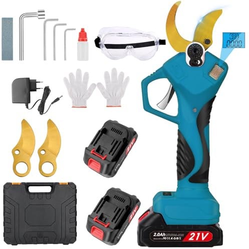 Secateur Electrique Sans Fil 50mm: Sécateur Électrique Sans Balais avec 21V 2x2000mA Batteries, 2PCS SK7 Professionnel Sécateur Lame Convient Pour Jardinage Arbustes, Raisins, Olives