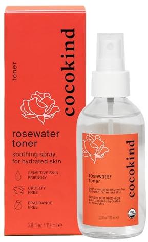 Rosewater Facial Toner by Cocokind, Multipurpose Spray to Set Makeup, Double Cleanse, and Balance Skins pH, Made with Rose Hydrosol, 4 Fl Oz