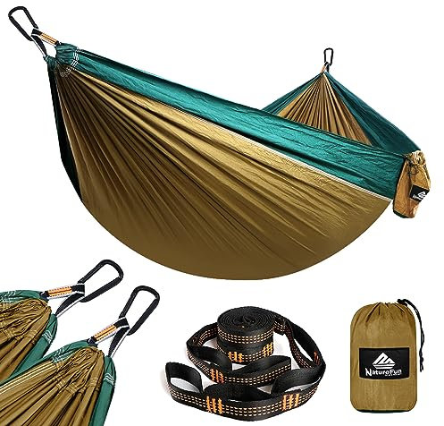 NATUREFUN Hamaca Ultraligera de Viaje Camping | 300 kg Capacidad de Carga, (275 x 140 cm) Nylon Paracaídas | 2 mosquetones de Calidad, 2 Correas de Nylon| para jardín Interior y Exterior