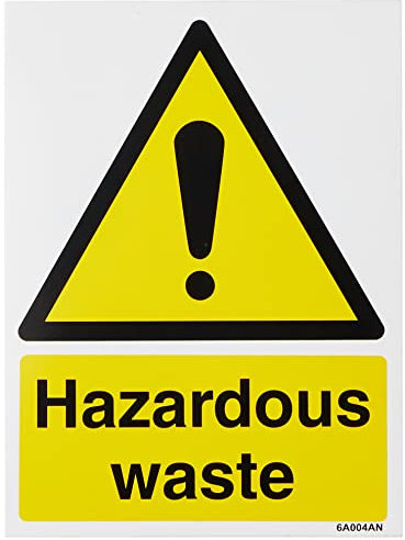 V Safety 6A004AN-S Hazardous Waste Warning Sign - Portrait - 150mm x 200mm - Self Adhesive Vinyl, Black/Yellow