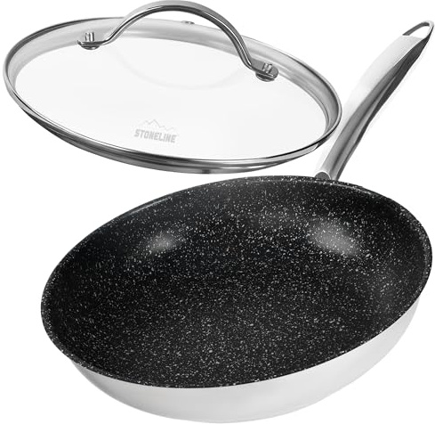 STONELINE PROFESSIONAL Edelstahlpfanne 24 cm, Pfanne mit Deckel, Edelstahl Bratpfanne Antihaftbeschichtet mit echten Steinpartikeln, für alle Herdarten, Ofen und Induktion