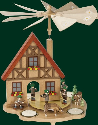 Rudolphs Schatzkiste Tischpyramide Haus Bayernfigurn mit Teelicht Höhe= 29cm NEU Holzpyramide Tischdekoration Dekoration Weihnachten Wärmespiel Lichter Figur Edelholz Seiffen Erzgebirge Holz Flügel Ke
