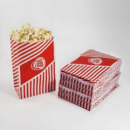 Popcornloop 100 er Popcorntüten Popcorn Box Tüten Candy Bar Tüte Hochzeit Papier Süßigkeiten Boxen für Party Papier Behälter Rot Weiß Beige Gestreift Snackbox Geschenk Kinder (Rot 100 Stück)